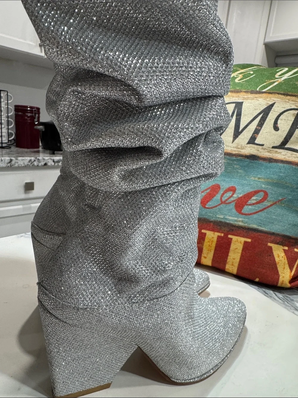 Stuart Weitzman Silver Over-the-Knee Glitter Slouch Boots
